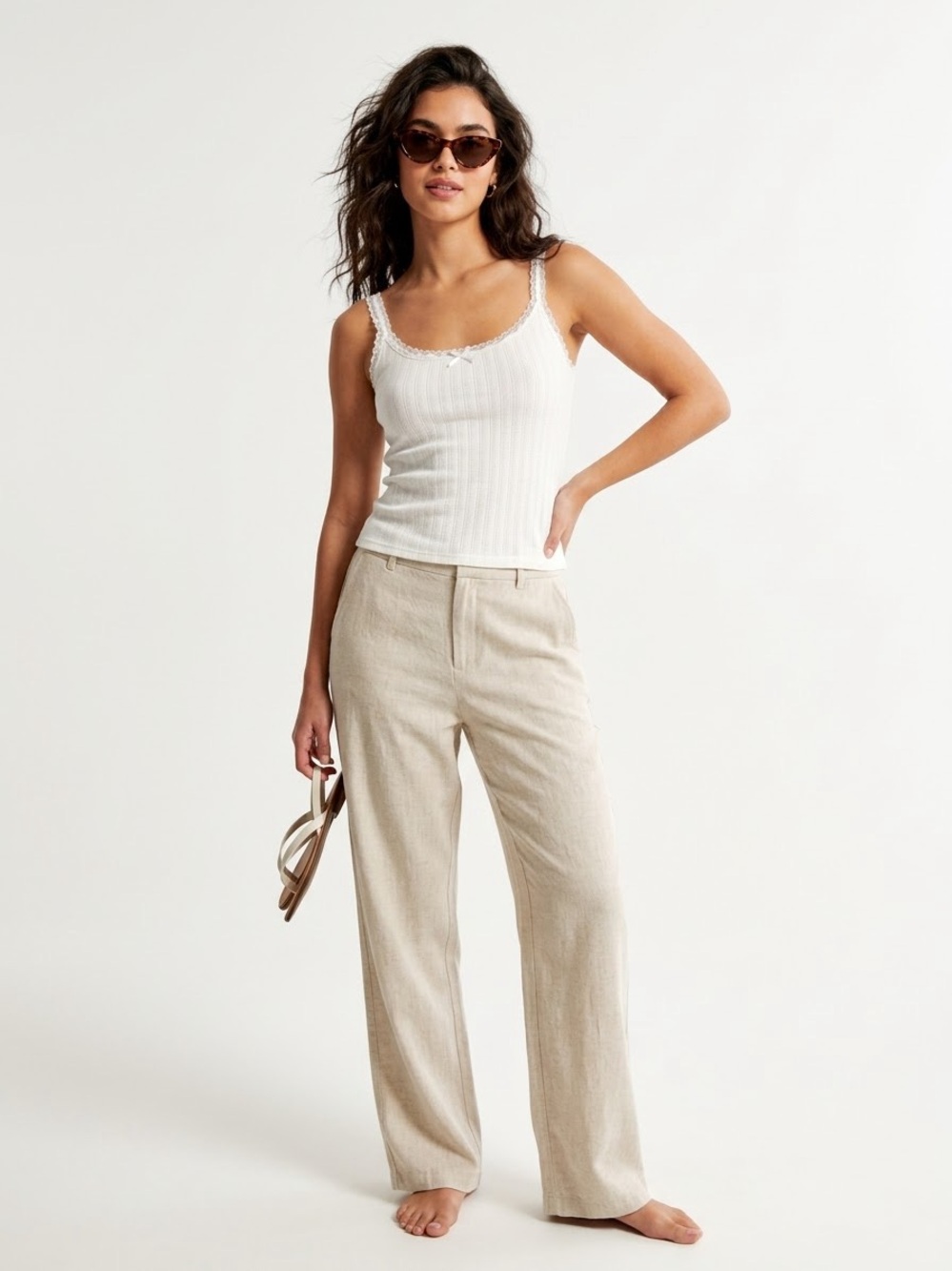 Wide-Leg Linen-Blend Pants in Beige